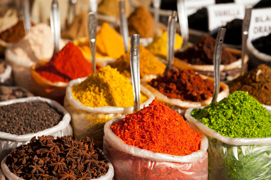 India, Goa, Anjuna, plastic bags of spices on market