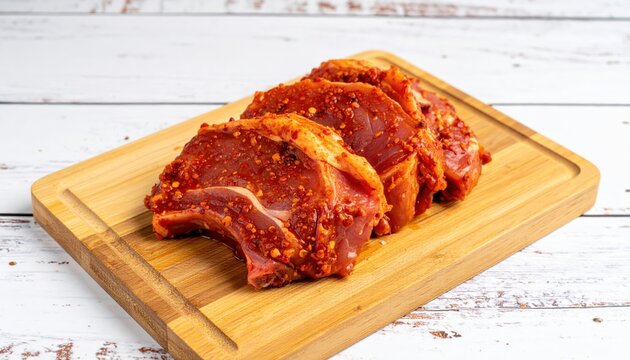 Freshly marinated pork chops with spices on a wooden board, ready for cooking. Perfect for culinary and food-related projects.
