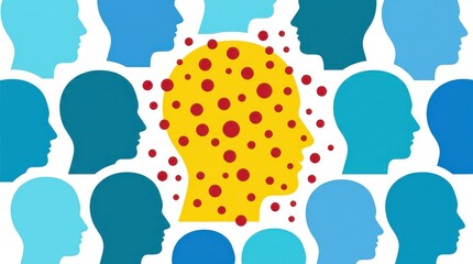 Fototapeta premium Conceptual illustration of a human head filled with red circles surrounded by blue silhouettes