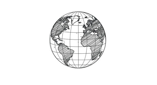 Detailed black and white hand-drawn sketch of planet earth globe showing world continents and grid lines isolated on a white background.