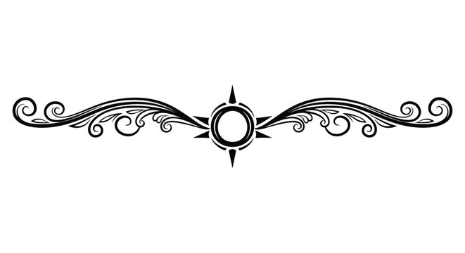 Symmetrical black and white decorative flourish features elegant scrolls and a central compass-like star for a classic design element.