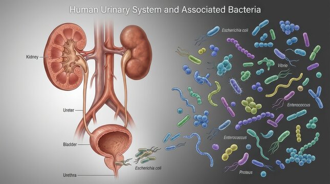 Human urinary system anatomy illustration with pathogenic bacteria visualization