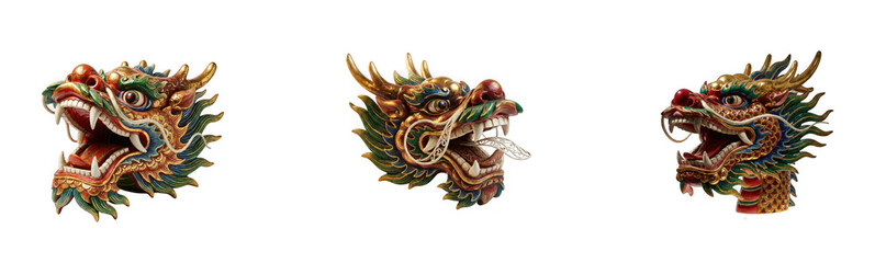 Fototapeta premium Three decorative colorful chinese dragon head masks with intricate carvings isolated on transparent background