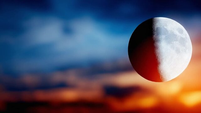 Lunar Eclipse Symphony: A striking image captures the dramatic moment of a lunar eclipse, with the moon partially shrouded in Earth's shadow, set against a backdrop of vibrant, twilight hues.
