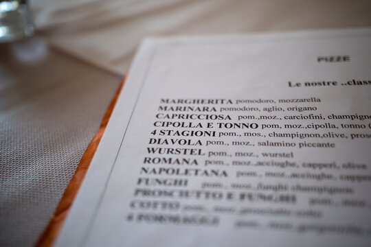 Menu with selection of pizzas