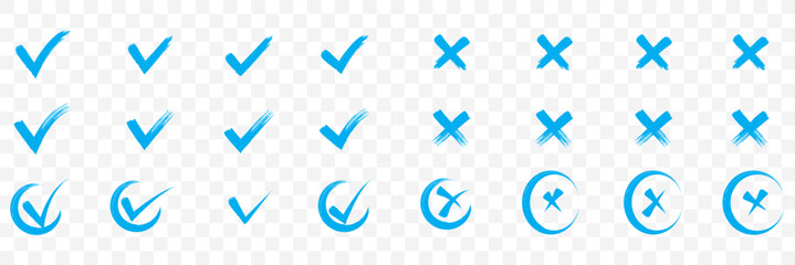 Check tick mark icon set. Cross box x check mark checkbox v list vector draw hand drawn sketch doodle brush marker checklist symbol wrong right circle. Vector Illustration. Cross box x check mark icon © Top