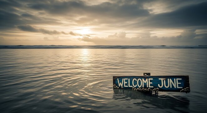Golden hour coastal landscape with welcome June text overlay.