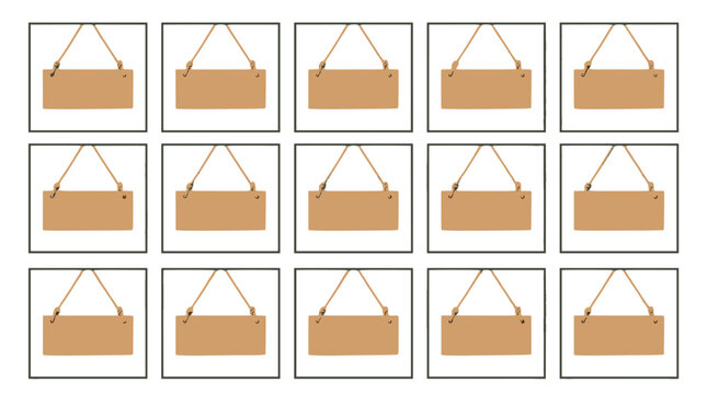 Set of empty wooden signboards hanging on string for decoration
