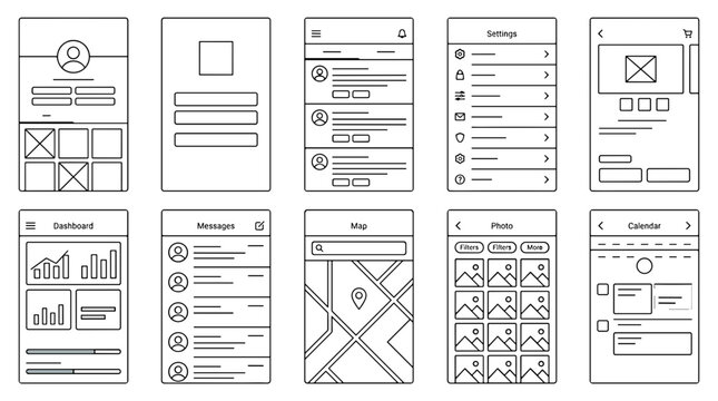 Collection of user interface wireframes and mobile app screens