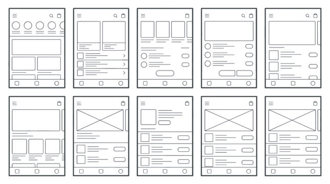 Set of various mobile app interface wireframes and layout sketches