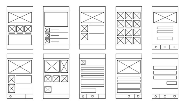 Set of mobile app wireframes and user interface sketches for design