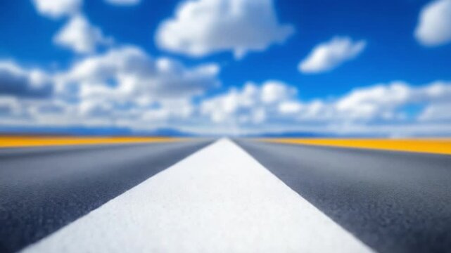 Endless Horizon: An asphalt road stretches out towards a vast blue sky filled with fluffy white clouds, signifying a journey into the unknown and the pursuit of endless possibilities.