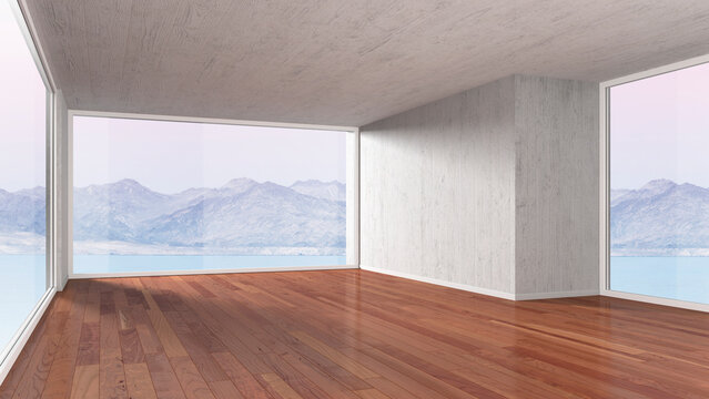Empty room with parquet flooring, 3D rendering