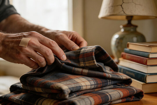 Hands Folding Plaid Flannel Shirt Near Stack of Books and Lamp
