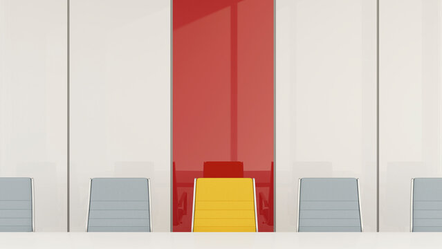 Conference room with one chair standing out from the crowd, 3d rendering