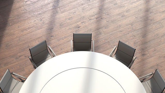View to round conference table from above, 3D Rendering