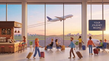 Obraz premium Modern Airport Terminal Interior with Travelers and Airplane at Sunset