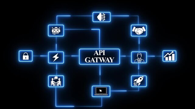 API geteway network interface with digital connections neon digital solution concept with connected technology icon.4k animation ,motion video.4k