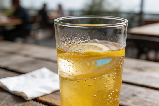 Glass of sparkling lemon water on wooden table with blurred background
