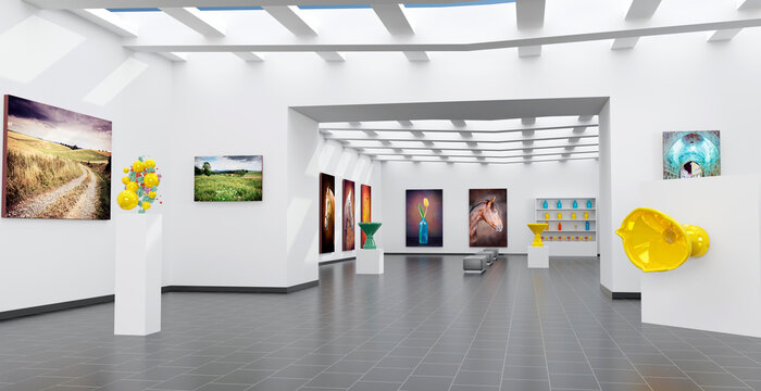 Canvas paintings and plastics models arranged in art gallery