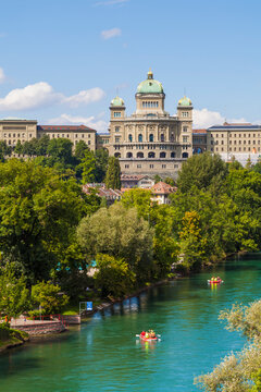 Switzerland, Bern, Federal Palace and River Aare