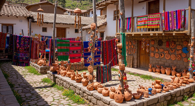 Traditional Peruvian Pottery and Colorful Textiles Displayed in a Rustic Village Market in the Andes