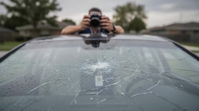 Agent using camera to document windshield cracked from hail damage with sharp image of glass and blurry outdoor environment.