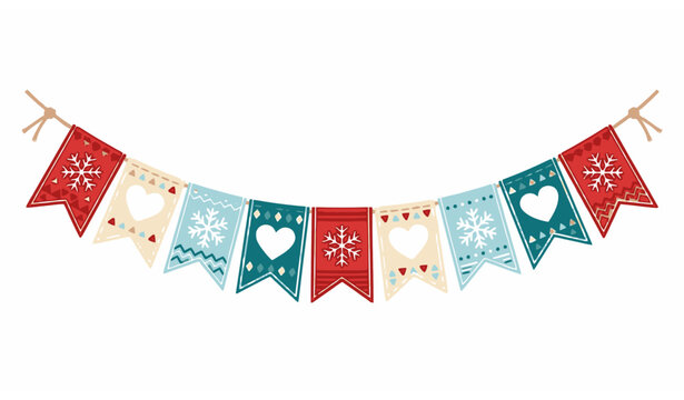 Decorative string of geometric pennant flags with winter themed heart and snowflake cutouts vector illustration