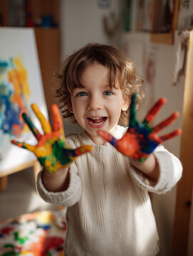 Fr&ouml;hliches Kind mit bunten Farbklecksen an den H&auml;nden beim kreativen Malen &ndash; Kita, Hort, Schule, Spielspa&szlig; und kindliche Kreativit&auml;t mit Copyspace