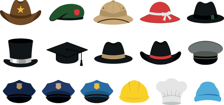 Diverse Uniform Hats and Fashion Headwear Vector Icon Set Featuring Cowboy Cop Chef Graduation Cap Hard Hat and Fedora for Graphic Illustrations
