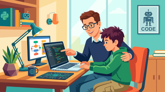 Happy Father's Day Banner Template with Father Teaching Son Computer Coding