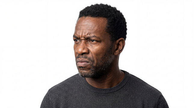Skeptical Mature Black Man with Frowning Expression and Furrowed Brow, Studio Portrait of Annoyed African American Male Isolated on White Background