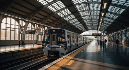 Obraz premium Modern Train Arriving at a Sunlit Station Platform 1.