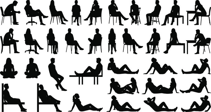 Collection of Human Silhouette Poses Sitting Reclining and Relaxing Isolated Vector Style Illustration Set