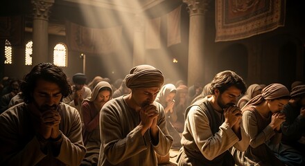 Obraz premium People in traditional attire praying together in a serene and peaceful atmosphere with hands clasped