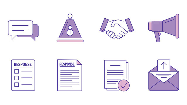 A professional purple monochrome outline icon set visualizing legal document verification, business response strategies, public relations marketing, and validated contractual agreements