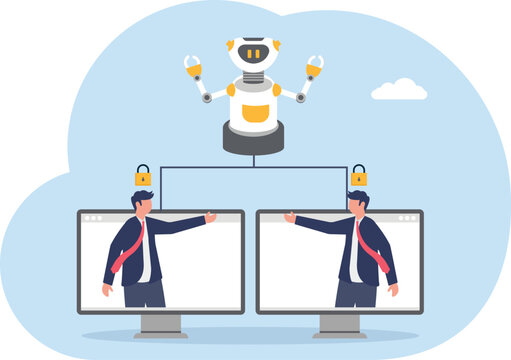 White futuristic robot controlling corporate team profiles layout diagram through virtual strings