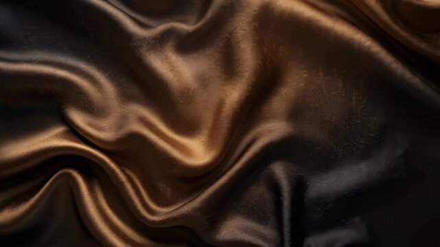 Slow motion close up pan of bronze satin fabric rippling and folding over black studio backdrop with glossy metallic sheen
