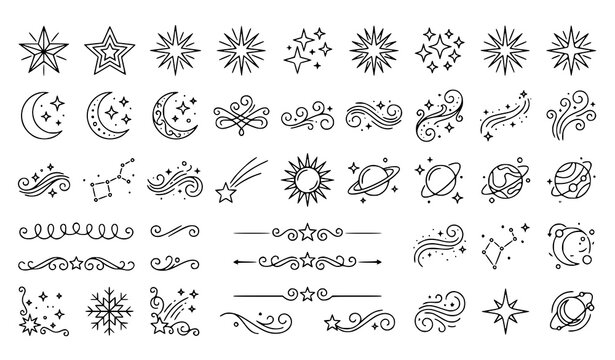 Stars, moon, and celestial elements doodle sketch icon set vector