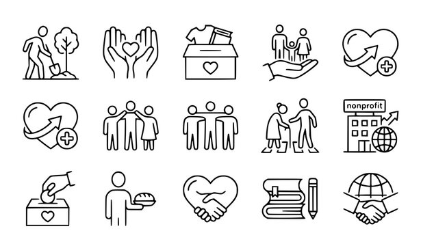 Charity, community support, and volunteering line icon set vector