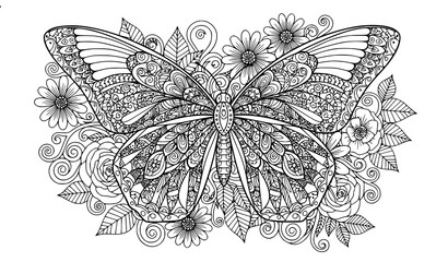 Obraz premium Detailed mandala butterfly and floral garden adult coloring page vector