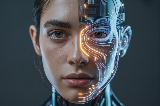 Cyborg woman, futuristic portrait, human machine interface, robotic face