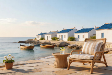Obraz premium Coastal patio with wicker chair, side table, and small flowerpot overlooking calm sea with boats and white houses with blue roofs