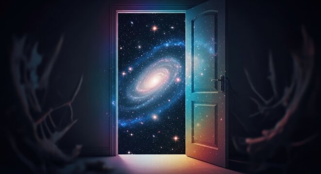 Open Door Revealing a Swirling Galaxy in Outer Space.