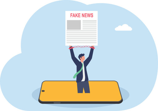 Corporate businessman lifting heavy fake news document page while emerging out of giant smartphone screen