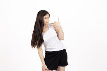 Obraz premium Young attractive woman looking away and gesturing emotionally in studio