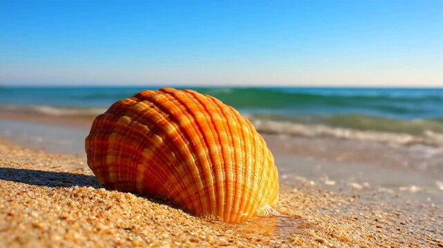 Detailed close up of a large orange and yellow ribbed seashell resting on coarse golden sand with soft blue ocean waves and clear sky in the blurred background on a sunny day.