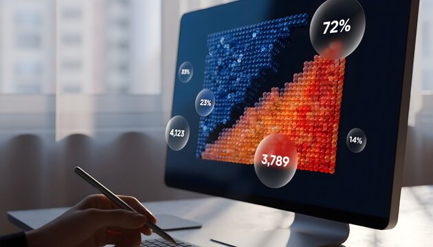 Data analysis on a widescreen monitor with digital charts and graphs, business analytics concept