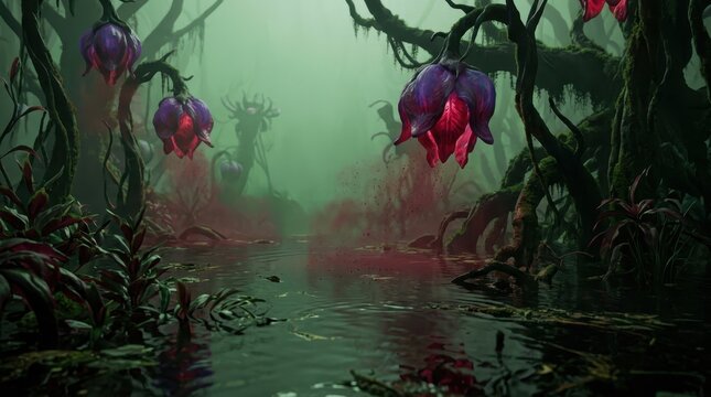 Enormous alien crimson blossoms bloom in a mysterious swamp forest with eerie creatures in the mist