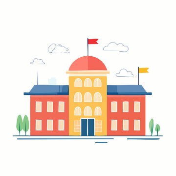 Flat illustration of a school building with flags and clouds